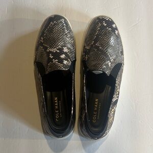 Cole Haan grand series snakeskin print lining leather grey black cream slip ons